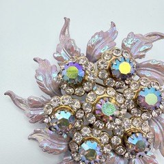 Selini Pearlescent Pink Rhinestone Brooch & Clip-On Earrings AB Crystal Vintage