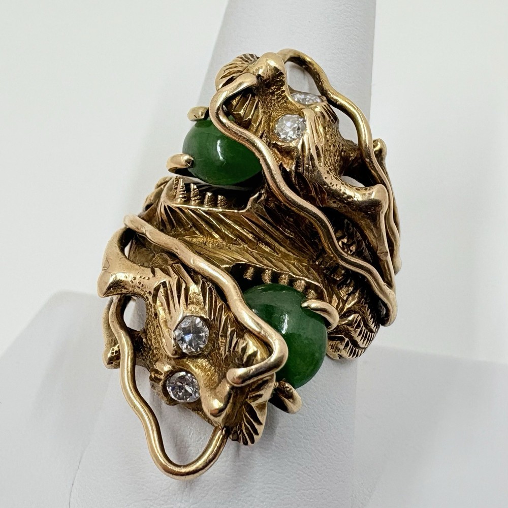 Antique Victorian 14K Gold Jade & Diamond Chinese Dragon Bypass Ring by Nosey