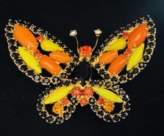 Vintage Juliana D&E Butterfly Brooch Black Rhinestone Orange Chartreuse Cabochon
