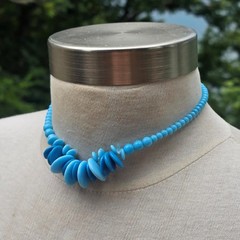 Vintage German Two Tone Blue Glass Bead Statement Necklace 15.5 in. Mid Century