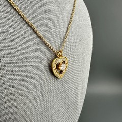 Vintage Rhinestone Heart Pendant Necklace Gold Tone Clear Crystals 16″ Chain