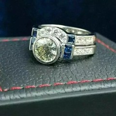 Art Deco Style Lab Created Diamond & Sapphire Wedding 14k White Gold FN Ring Set