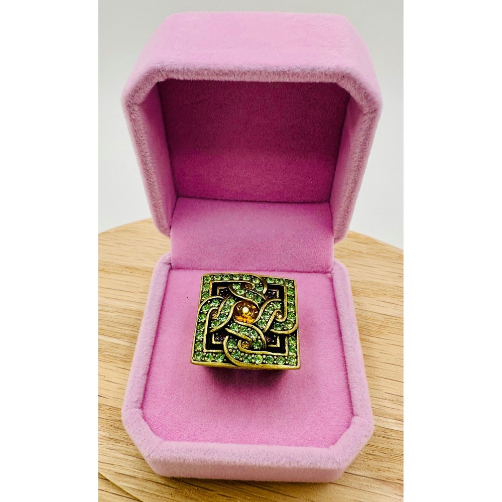 LA Vintage Green Orange Crystal Celtic Square Statement Ring Gold Tone Size 6