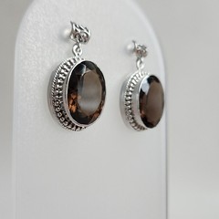 Vintage Sterling Silver Smoky Quartz Dangle Earrings | Oval Faceted Stones