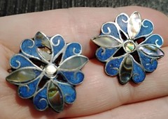 Alpaca Silver Abalone & Lapis Lazuli Flower Screw Back Earrings Repair