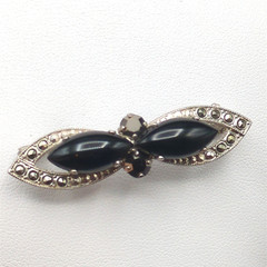 Vintage Brooch Pin Western Germany Black Glass Faux Marcasite Silver Tone Gothic