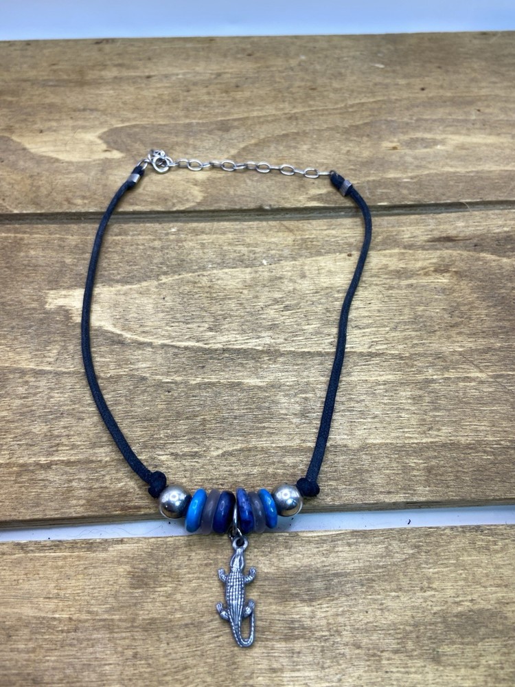 Vintage Natural Stone Alligator Charm Sterling Silver Choker Necklace 14”