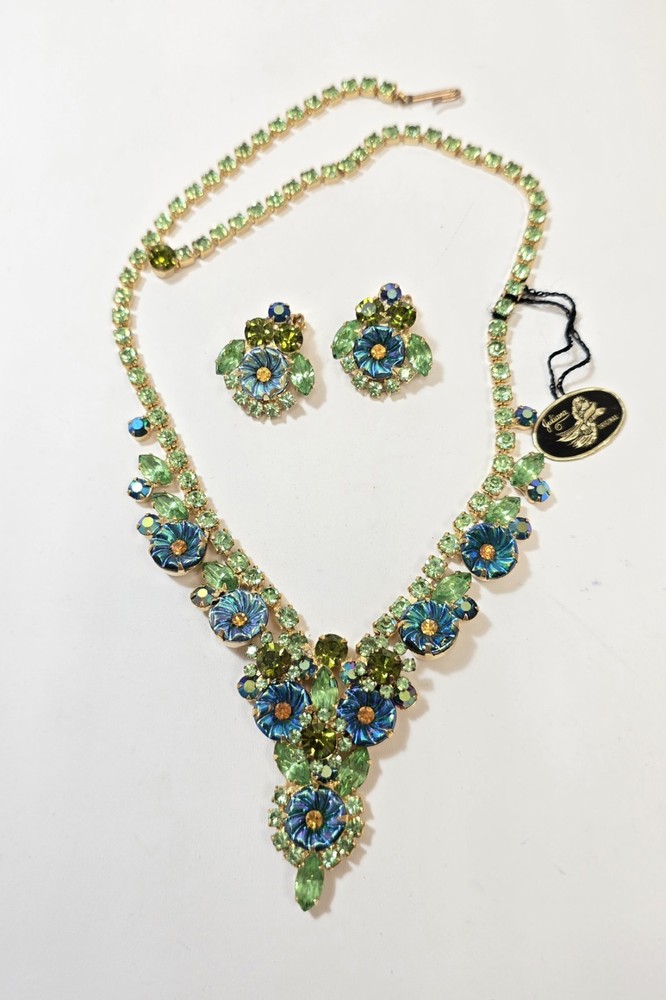 Vtg Juliana Necklace Earrings Green Blue Carnival Glass Flowers Original Tag