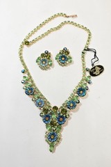 Vtg Juliana Necklace Earrings Green Blue Carnival Glass Flowers Original Tag
