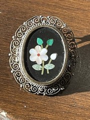 Antique 800 Silver Pietra Dura Floral Mosiac Filigree Oval Brooch