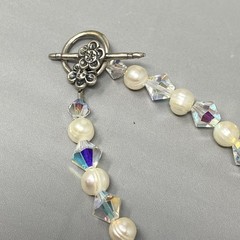 Crystal Glass and Genuine Pearl Beaded Necklace Bracelet Set AB Sterling Clasp