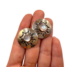 JEAN DUFFY VINTAGE MOONSTONE STERLING SILVER SUN STARBURST XL EARRINGS PIERCED