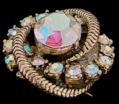 Vintage Aurora Borealis AB Rhinestone Prong Set Swirl Button Brooch Gold Tone