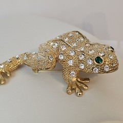 Vintage Frog Brooch Gold Tone Rhinestones Huge Statement Pin Green Eyes 3.5 In.
