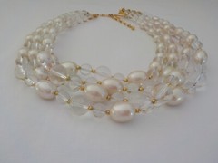 Vintage Four Strand Faux Pearl Bead Necklace Clear Plastic Gold Tone Metal Oval
