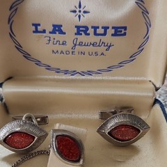 La Rue Fine Jewelry Men’s Cufflinks & Tie Bar Set Red Marquise Stones Silver