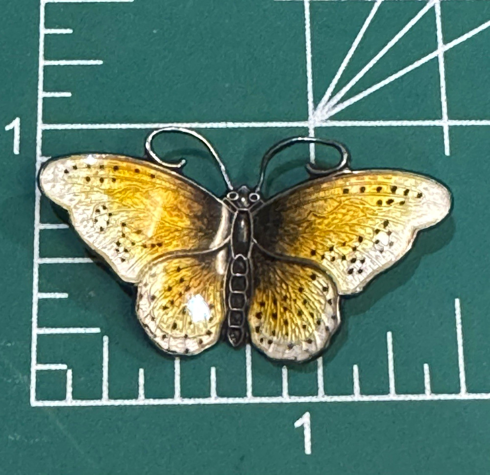 Rare Norwegian mid-century guilloché enamel and sterling silver butterfly brooch