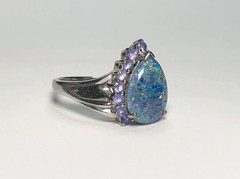 Vintage Estate BLACK-BLUE AUSTRALIAN FIRE OPAL & Tanzanites Sterling Silver Ring