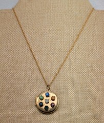 Vintage 40s Gold Tone “Dearest” Multicolor Rhinestone Locket Chain Necklace