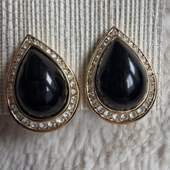 CHRISTIAN DIOR VINTAGE SIGNED TEARDROP SHAPE BLACK & RHINESTONES CLIP EARRINGS