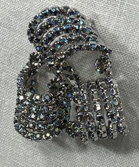 Aurora Borealis Ribbon Rhinestone Brooch Clip Earrings Set Unsigned Silver Tone