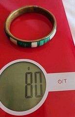 Vintage Inlay White And Green Malachite Brass Bangle Bracelet (104)