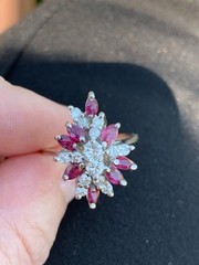 VINTAGE 14K WHITE GOLD RUBIES DIAMONDS CLUSTER SPRAY COCKTAIL RING STATEMENT
