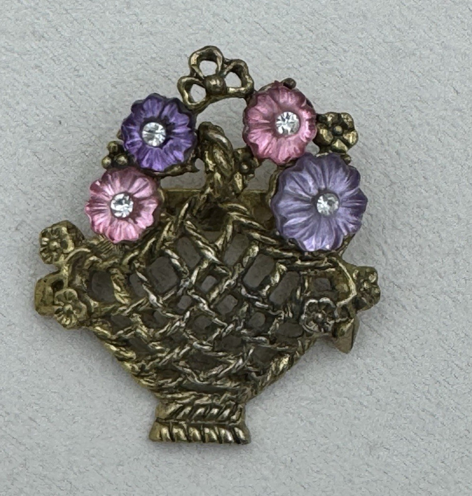 Vintage Victorian Revival Flower Basket Brooch Gold Tone Molded Glass Rhinestone