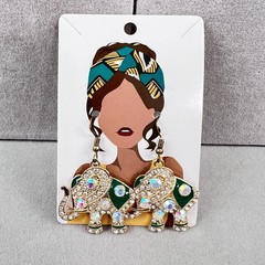 AB Beaded Elephant Earrings Boho Green Enamel Rhinestone Lucky Dangle Gold Tone