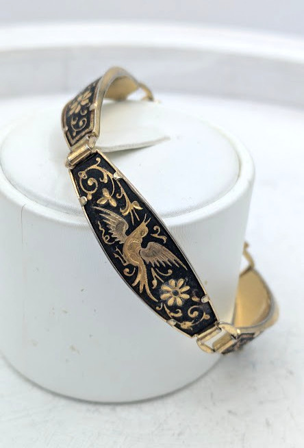 Vintage DAMASCENE Bracelet Bird Floral Black Gold Tone Panel Safety Chain