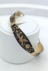 Vintage DAMASCENE Bracelet Bird Floral Black Gold Tone Panel Safety Chain