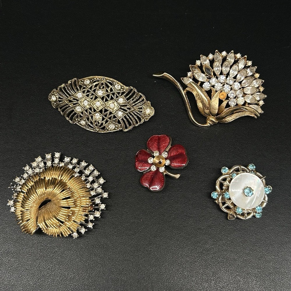 Lot Of 5 Vintage Brooches, Four With Missing Rhinestones & One With Broken Clasp