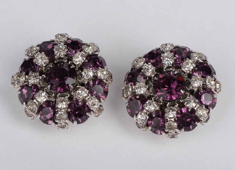 Vintage Purple Clear Rhinestone Cluster Clip On Earrings Silver Tone 1.03″