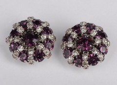 Vintage Purple Clear Rhinestone Cluster Clip On Earrings Silver Tone 1.03″