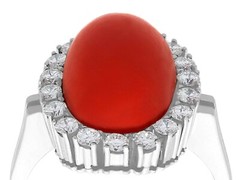 7.36 Ct Red Coral 0.80 Ct Diamond 18k White Gold Cocktail Ring Circa 1970