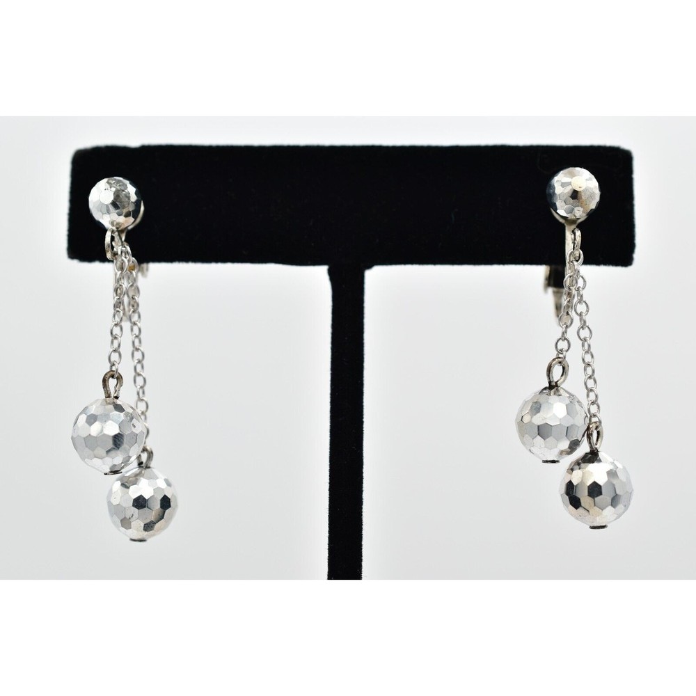 Vintage Crystal Clip On Earrings Silver Chain Disco Ball Chain Drop 1950s A23