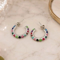 Vintage 925 Sterling Silver Multicolor Inlay Hoop Earrings 21mm Southwest Boho