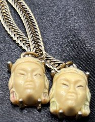 Vintage Sculpted Face Pendant Necklace & Green Stone Bracelet Set