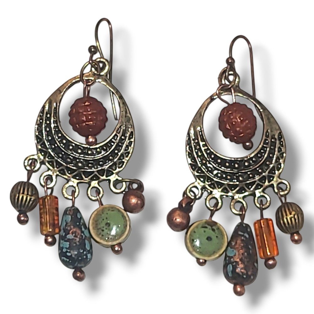 Gold Tone Boho Dangle Earrings Beaded Tribal Festival Artisan Style
