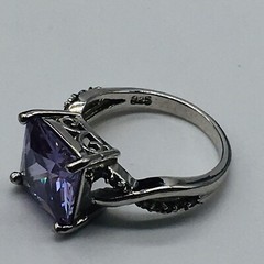 Silver Tone Purple Rhinestone Cocktail Ring Sz 9.75
