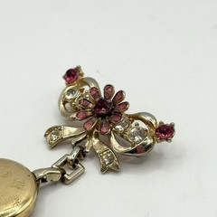 Vintage Benrus Rhinestone Flower Crystal Bow Brooch Pin Watch Pink Gold Tone