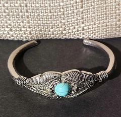 Double Feather Pendant Necklace 13″ Silver Turquoise Native American + Bracelet