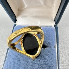 SETA Gold Plated Black Onyx Caabochon Rhinestone Cab Ring Vintage Sz 8