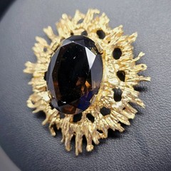 Vtg Mid Century Modern Smokey Quartz Colored Brooch Yellow Gold Plated Excellent