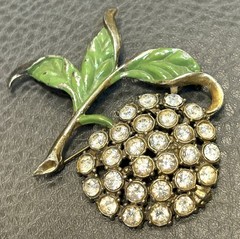 Vintage Art Deco Large Fruit Leaf Brooch Enamel & Rhinestone Pot Metal Pin