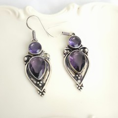 Vtg 90s Southwestern Style Sterling Silver Dangle Earrings Faceted Amethyst Boho
