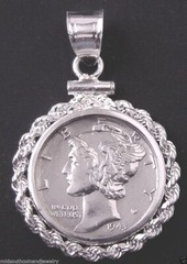 Coin Pendant Silver Vintage Mercury Dime Sterling Silver Rope Bezel with Bail US