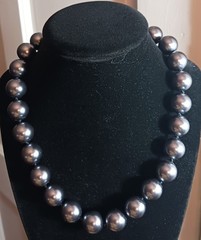 18in Glass Metallic Black Faux Pearls Necklace Large 0.5 Inch/12mm, Big Clasp