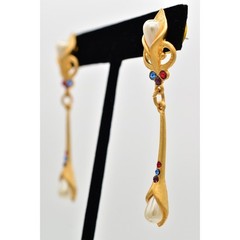 Vintage Pearl Crystal Dangle Earrings Drop Brushed Gold Matte NOS 1980s BinBK