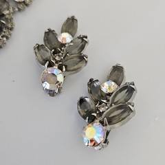 Vintage Bracelet Brooch Earring Set Smoky Gray AB Rhinestone Silver Tone